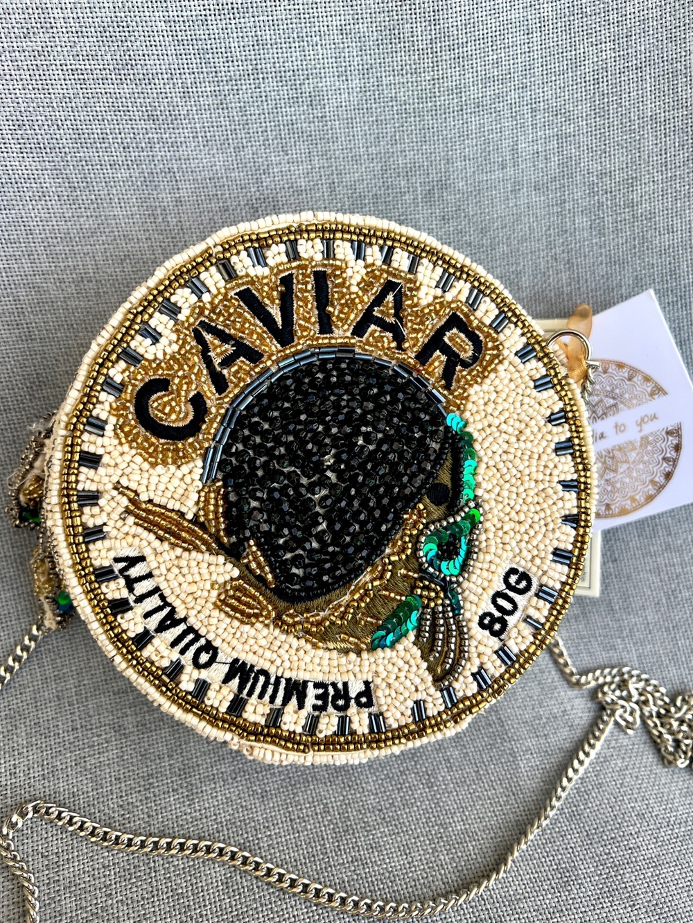 Handmade Novelty Beaded Caviar jar round crossbody chain bag beige black gold